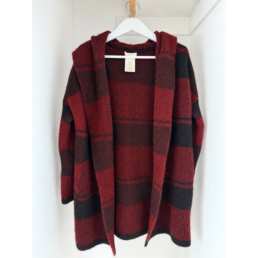 Matty M Hooded Open Front Plaid Cardigan Red/Black Wool Blend Relaxed M